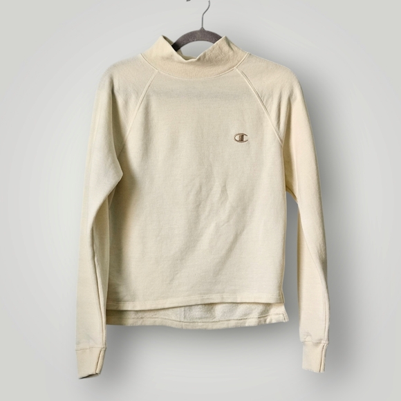 Champion Top Womens XS Cream Logo Mock Neck Raglan Sleeves Ribbed Cuffs Sweatshi - Picture 1 of 7